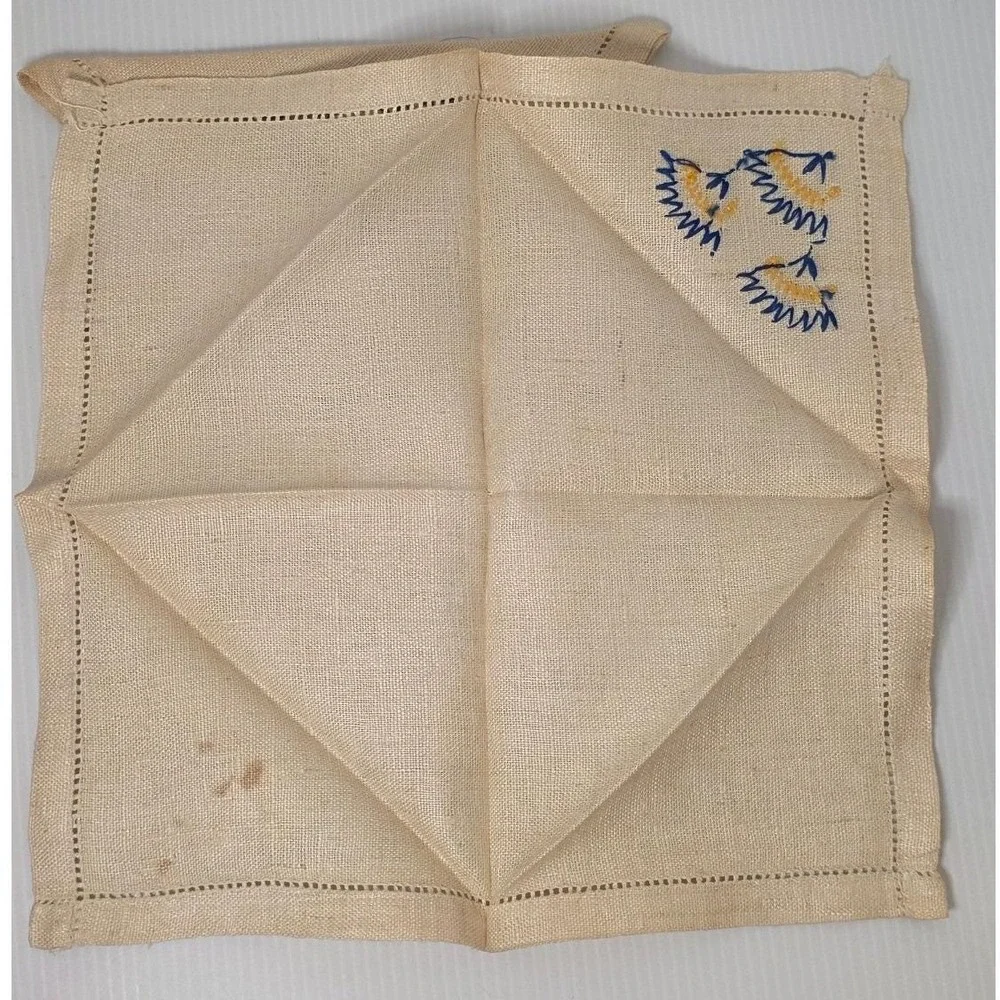 Vintage‎ Hand Embroidered Linen Cocktail Napkins Set of 4 Floral Hemstitched
